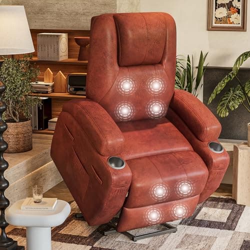 Furmax Electric Power Lift Recliner Chair with Massage for Elderly Corduroy Fabric Recliner Single Sofa with Cup Holders, Side Pockets and Remote Control for Living Room Bedroom (Leathaire, Brown)