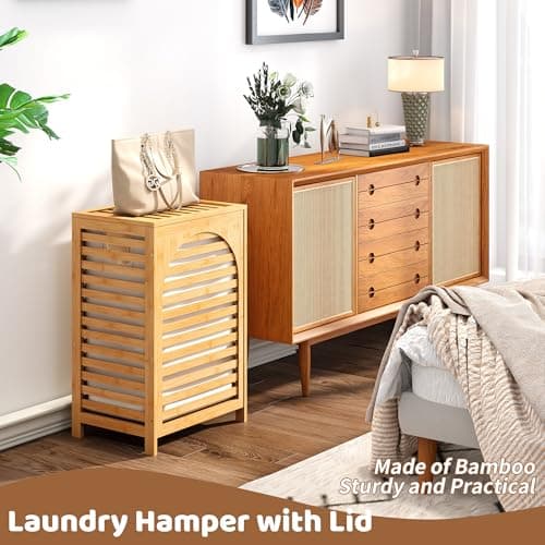 FILWH Laundry Hamper with Lid (16.9 * 13 * 26.5inches) Large Bamboo Laundry Bin Basket 85L Clothes Hamper with 1 Removable Bag Storage baskets for Bathroom(Natural) 6