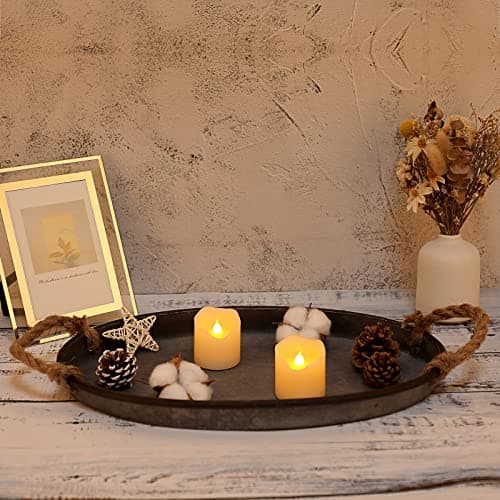 Hipiwe Galvanized Metal Iron Oval Tray with Rope Handle Farmhouse Serving Tray Rustic Industrial Decorative Centerpiece for Coffee Table Weddings and Parties Decor, Large 7