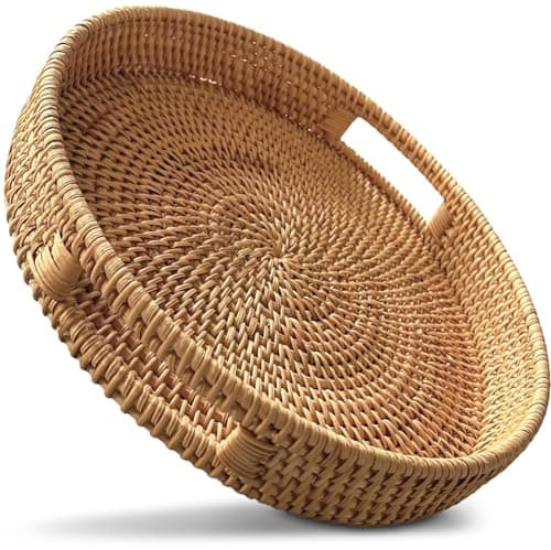 Decor Essentials Rattan Tray for Coffee Table - Round Decorative Tray with Handles for Serving - Natural Woven Flat Basket for Centerpiece, Night Stand, Ottoman, Kitchen & Bathroom Decor - 11.8x2