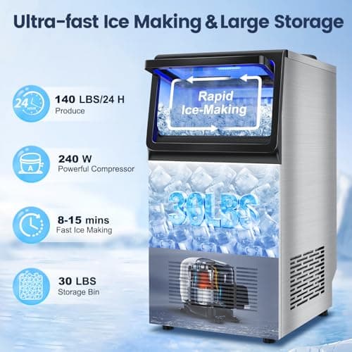 Commercial Ice Maker Machine 140LBS/24H, Dual Water Inlet Options, Freestanding Under Counter Ice Maker Smart LCD, Self-Cleaning, Quiet for Home, Bar, Restaurant, Support 5-Gallon Bottle Water 6