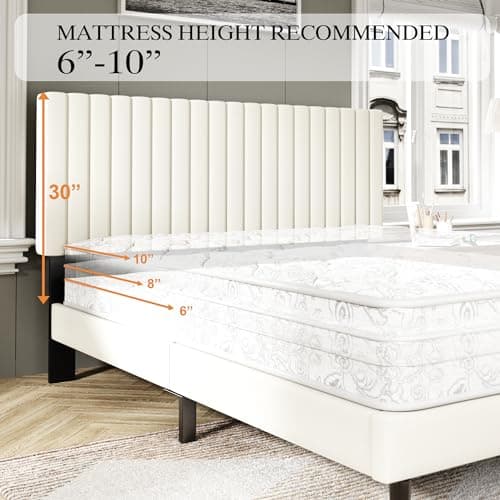 Sismplly Full Size Bed Frame with Velvet Upholstered Headboard, Platform Bed with Strong Wood Slats, Mattress Foundation, Box Spring Optional, Easy Assembly, Beige 7