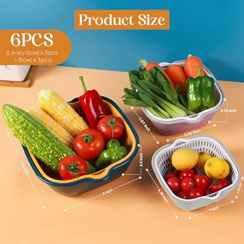 6-Piece Vegetable Washing Basket Set – 2-in-1 Colander and Bowl Set | Stackable Kitchen Strainer | BPA-Free Food Strainer for Fruits, Veggies & Pasta | Safe & Space-Saving Meal Prep. 5