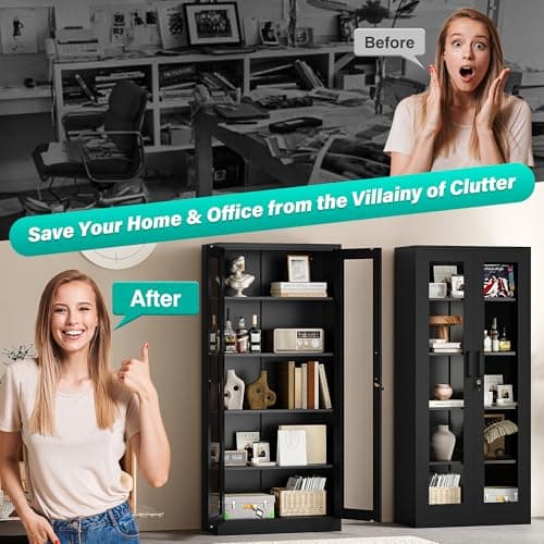 SISESOL Metal Storage Cabinet with Lock and Glass Doors,Glass Display Cabinet,67" Tall Black Storage Cabinets,Locking Curio Cabinets with 5 Shelves for Collectibles,Home,Office,Living Room 8