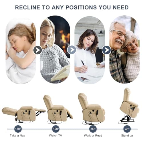COCOLHOME Infinite Position Power Lift Chair Lay Flat Recliner Dual Motor Sleeper Chair with Massage and Heating for Elderly, USB Ports and Remote Control, Leather(Beige) 7