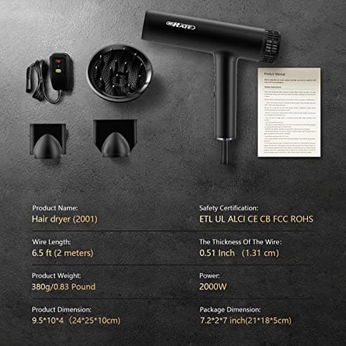 SHRATE Hair Dryer, Professional Brushless Motor Ionic Blow Dryer, 3 Heat Settings & 3 Speed with Diffuser & 2 Concentrator Nozzles for Easy Styling Healthy Hair 7