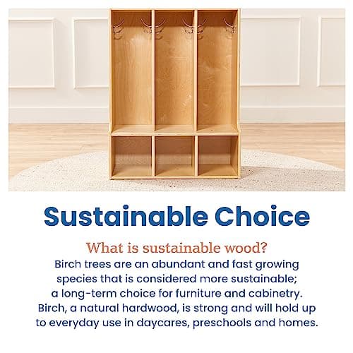 ECR4Kids Streamline 3-Section Toddler Coat Locker with Bench, Classroom Furniture, Natural 7