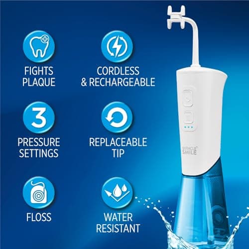 Ontel Miracle Smile Water Flosser for Teeth&Gum Health, Unique H-Shaped Flossing Head&4 Water Jets, Cordless Water Flosser Features 360° Cleaning&3 Pressure Modes, USB Rechargeable Dental Floss, White 7