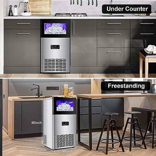Commercial Ice Maker Machine, 160Lbs/24H with 35Lbs Ice Capacity, 63Pcs Clear Ice Cubes per Round in 11-20Mins, Stainless Steel Under Counter Freestanding Ice Machine Maker for Home Bar Outdoor 6
