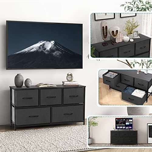 Dresser, Dresser for Bedroom, Drawer Dresser Organizer Storage Drawers Fabric Dresser with 5 Drawers, Chest of Drawers with Fabric Bins, Long Dresser with Wood Top for Bedroom, Closet, Entryway 8