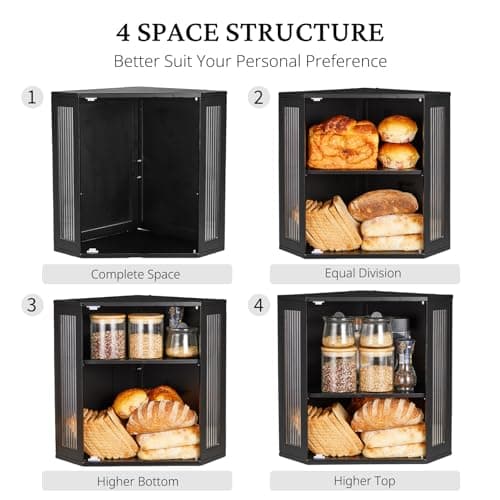 BRONYPRO Corner Bread Box for Kitchen Countertop, Double Layer Bamboo Breadbox with Adjustable Partition, Modern Bread Storage Organizer (Extra Large Black) 6