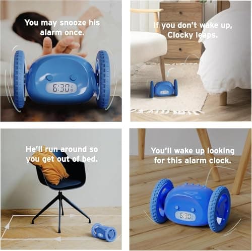 CLOCKY Alarm Clock on Wheels – Loud Rolling Alarm Clock for Heavy Sleepers | Runaway Clock That Jumps & Runs to Wake You Up | Funny Unique Gift for Adults, Teens & Kids Bedrooms (Blue) 6