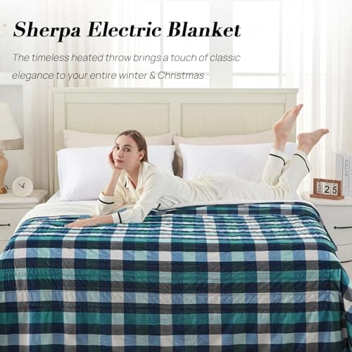 Westinghouse Electric Blanket King Size, Flannel to Sherpa Heated Blanket with 10 Heating Levels & 1 to 12 Hours Auto Off, Fast Heating, Machine Washable, 100 * 90 Inch, Green 6