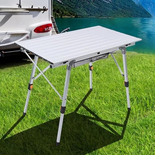 JOUYEK Folding Outdoor Camping Table with Adjustable Legs, Lightweight Aluminum Roll Up Camp Table with Carrying Bag, Mesh Storage Organizer, for Cooking, Picnic, Beach, Backyards, BBQ, Party
