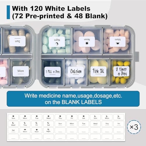 LANDNEOO 14 Grids Pill Organizer Box with Labels, Travel Medication Holder Dispenser Case Kit, Pocket Daily Pharmacy Container for Fish Oil Vitamin Supplement Storage, Khaki Pink Grey, 3 Pack 5