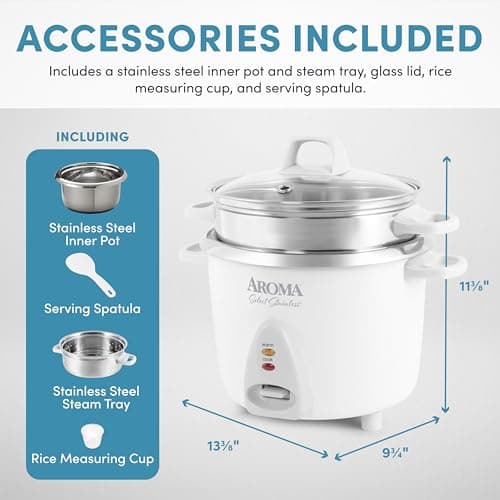 Aroma Housewares 14-Cup (Cooked) / 3Qt. Select Stainless Pot-Style Rice Cooker, & Food Steamer, One-Touch Operation, Automatic Keep Warm Mode, White (ARC-757-1SG) 4