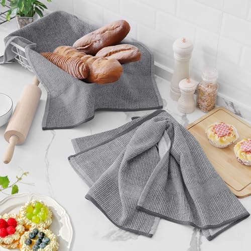 Homaxy Premium Kitchen Towels(18”x 28”, 6 Pack), Large Cotton Kitchen Hand Towels, Flat and Terry Dish Towels, 380 GSM Highly Absorbent Tea Towel Set with Hanging Loop, Grey 6