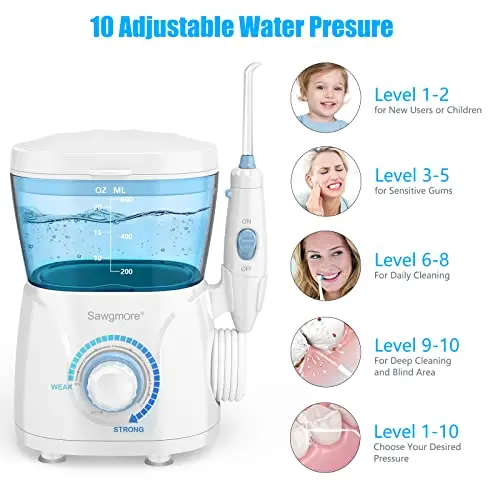 Sawgmore Water Flosser Oral Irrigator, 600 ml Large Capacity, 10 Adjustable Pressures, Electric Flosser for Teeth/Braces, 8 Home Nozzles Oral Irrigator(White) 5