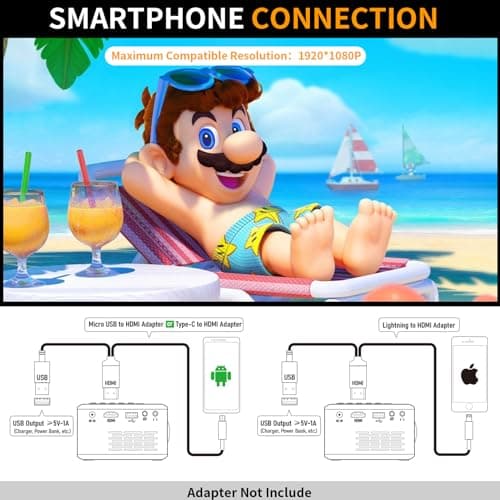 Mini Projector for Outdoor Movies, KHQ Full HD Video Projectors Support 1080P for iPhone, Portable Projector for Home Theater Use, Compatible with Smartphone/TV Stick/HDMI/AV/USB 7
