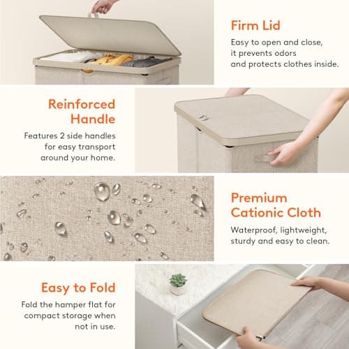 Lifewit 165L Large Laundry Basket with Lid, Laundry Hamper with Plastic Handles and Removable Bag, Foldable Tall Dirty Clothes Hampers for Laundry for Laundry Room, Bedroom, Bathroom, Dorm, Beige 8