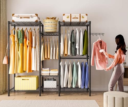 Exglobol Heavy Duty Garment Rack, Portable Wardrobe Clothes Rack Freestanding Adjustable Clothing Rack with 7 Tiers Adjustable Wire Shelving and 4 Hanger Rods, Max Load 920LBS 5