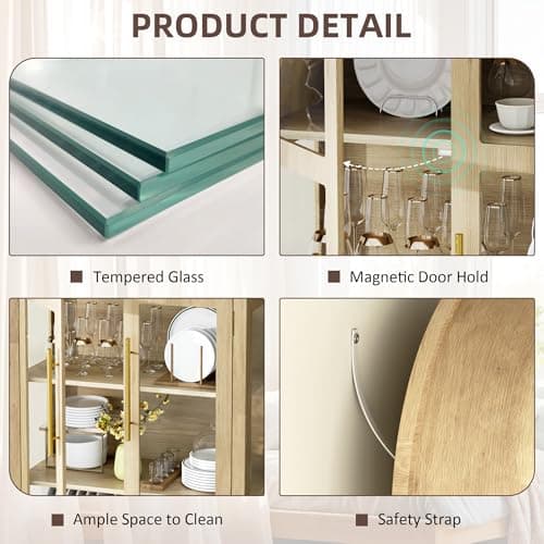 Vlsrka 71" Arched Curio Cabinet with Glass Doors, 4-Shelves Display Cabinet and 2 Drawers, Display Case with 3 Color Lights, Tall Bookcase, Kitchen Pantry, Wood Color 7