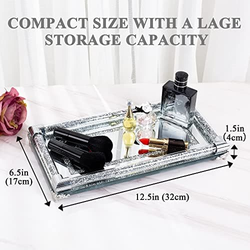 SHYFOY Mirror Perfume Tray for Dresser Crushed Diamond Crystal Trays for Vanity Silver Glass Decorative Bathroom Tray for Home Decorative, Party, Hotel Banquet, NO Letters,12.5 x 6.5 x 1.5 Inches 8
