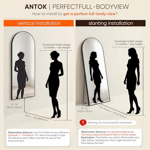 Antok 71" x28” Arched Full Length Floor Mirror, Black Aluminum Frame, Free Standing/Wall Mount/Leaning for Bedroom, Living Room, Dressing Room 9