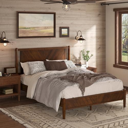 Cozyman Bed Frame Queen Size with Headboard Wood, Herringbong Pattern, 800 lbs, Non-Slip Without Noise, Walnut
