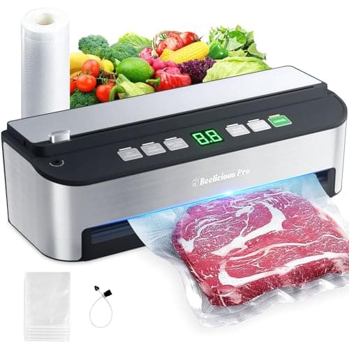 PressFree TRUE-Auto Vacuum Sealer Machine, Beelicious 85KPA Fully Automatic 8-IN-1 Food Sealer with Bags Storage, Build-in Cutter, Moist Mode and Air Suction Hose |Sous Vide | Digital Countdown