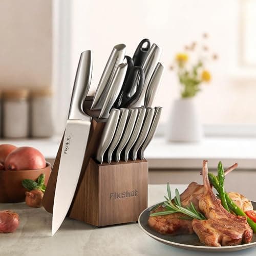 Knife Block Set, Kitchen Knife Sets with Block, FIKSHOT Knives Set - Razor-Sharp Santoku Knives, Fruit and Kitchen Sets - Rust Resistant for Homecooks (Silver + Walnut) 2
