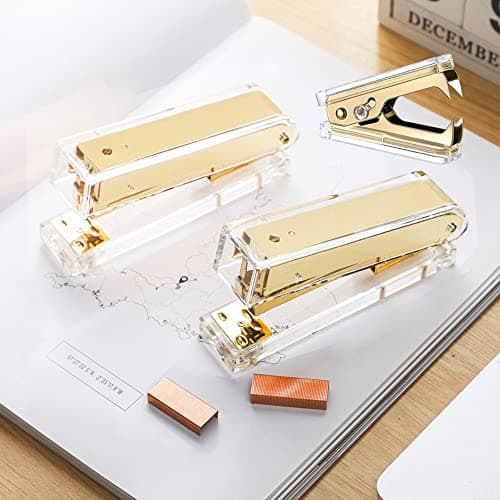 Acrylic Gold Tape Dispenser & Desktop Stapler, Includes Staple Remover, Tape, 1000pcs Staples - Cute Office Stapler Set for Modern Design Desk Accessory Kit 7