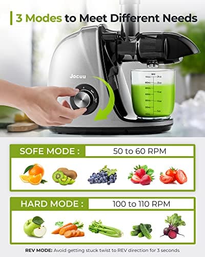 Jocuu Slow Masticating Juicer Machines with Soft Hard Modes Easy to Clean Quiet Motor & Reverse Function, Cold Press Juicer for Fruit & Vegetable, 90% Juice Yield, with Brush & Recipes (Grey) 9