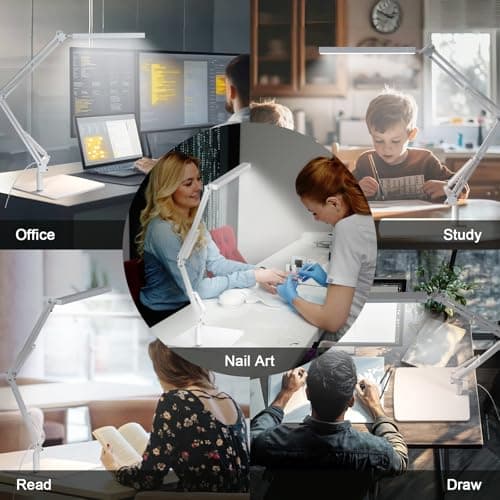 TROPICALTREE LED Desk Lamp for Home Office and Round Base, Clamp-On with 5 Light Modes & Auto Shut Off | 14W Adjustable Brightness 5000K Eye-Caring Lighting for Study/Bedroom/Computer Desk | White 6