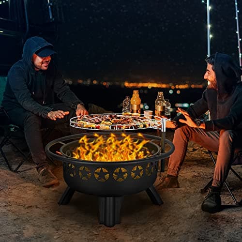 Hykolity 2 in 1 Fire Pit with Grill, Large 31" Wood Burning Fire Pit with Swivel Cooking Grate Outdoor Firepit for Backyard Bonfire Patio Outside Picnic BBQ, with Spark Cover, Fire Poker 8