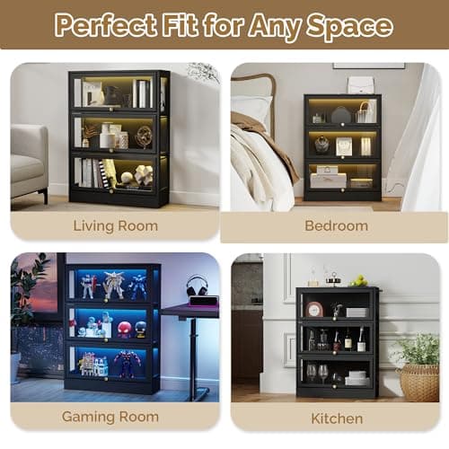 BONITURE Display Cabinet with Acrylic Glass Doors,3-Tiers Curio Cabinet with LED Lighting for Collectibles, Collectibles Toy Organizers Rack & Display Shelf Display Case Storage Cabinet, Black 7