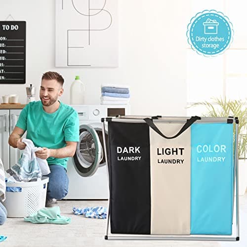 YYYC, Laundry Cloth Hamper Sorter Basket Bin Foldable 3 Sections with Aluminum Frame 26InIn×24InInH Washing Storage Dirty Clothes Bag (3 Liner, Black + white + sky blue) 5