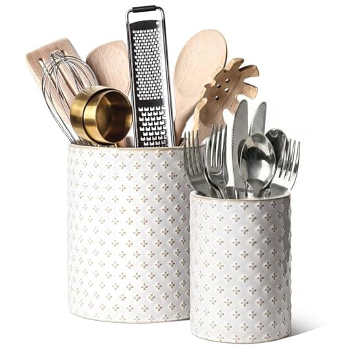 LE TAUCI Utensil Holder for Kitchen Counter - 7.1"+5.4" Ceramic Kitchen Utensil Holder Set of 2, Large Cooking Utensil Crock & Organizer for Spatula, Spoon - Embossed Kitchen Decor, White,Clover