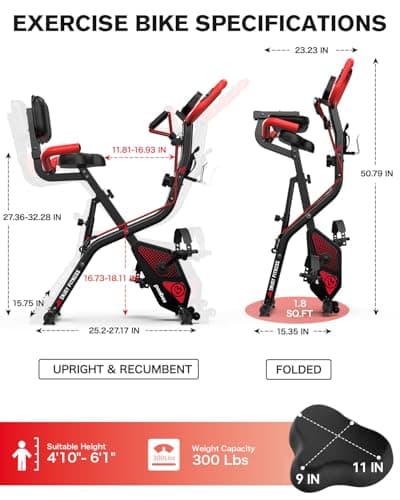 pooboo Folding Exercise Bike, Fitness Stationary Bike Machine, Upright Indoor Cycling Bike, 4-in-1 Magnetic X-Bike with 8-Level Adjustable Resistance, Bottle Holder, Arm Resistance Bands, Pulse Sensor & Back Support Cushion for Home Gym Workout (red) 5