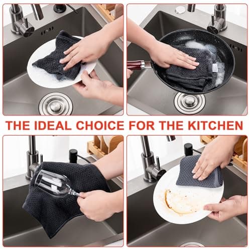 BOOMIBOO ﻿Kitchen Towels 6-Pack Kitchen Dish Cloths,100% Cotton Towels Waffle Weave, Ultra Soft Absorbent, Quick Drying, 12x12 Inches,Dark Grey 6
