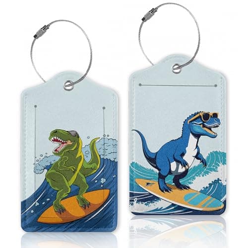 2 Pcs Luggage Tags for Suitcase,Dinosaur Surfing on Sea Luggage Tag Name Id Labels with Privacy Cover for Travel Backpack Women Men