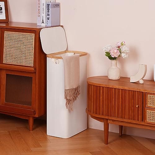 efluky Slim Laundry Basket with Lid, Tall Laundry Hamper with Removable Bag, Narrow Dirty Clothes Hamper with Bamboo Handles for Bathroom, Bedroom and Laundry Room, 63L Beige 5