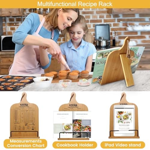 Femicgal Cookbook Stand for Kitchen Counter, Bamboo Cookbook Holder, Foldable Cook Book Holder, Adjustable Recipe Book Stand, Cook Book Stand with Measurement Conversion Chart 6