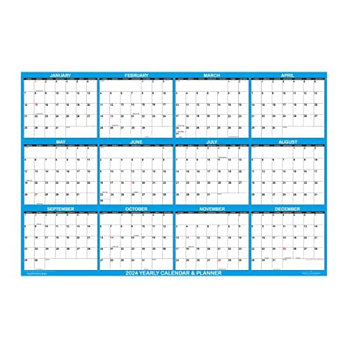 24" x 36" SwiftGlimpse 2024 Wall Calendar Erasable Large Wet & Dry Erase Laminated 12 Month Annual Yearly Wall Planner, Horizontal, Blue