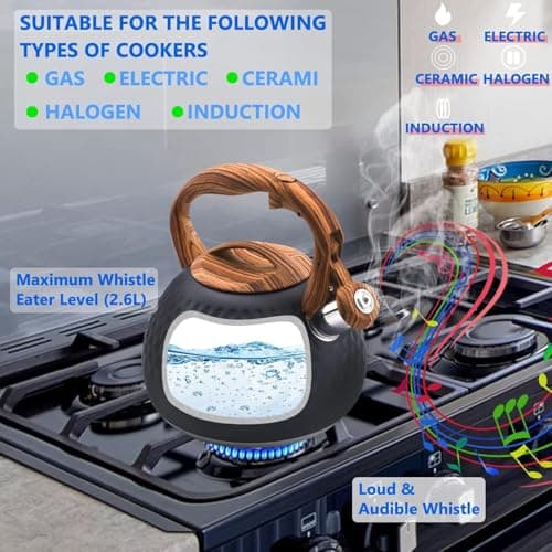 Foedo Tea Kettle Stovetop, 3.2 Qt Stainless Steel Whistling Kettle for Stove Top, Food Grade Teapot with Wood Pattern Handle for Coffee, Milk etc, Gas Electric Applicable (Black) 4