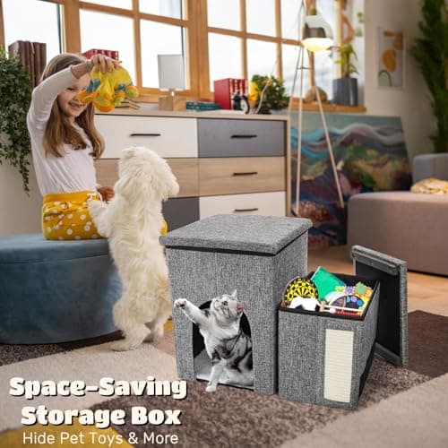 YIMITEE Dog Stairs for Small Dogs, 3 Tiers Dog Step with Storage, Foldable Older Cat Ramp with Condo Cat Scratcher, Portable Pet Ladder for High Bed Couch Chair Car, Up to 165 Lbs, 17 Inch 6