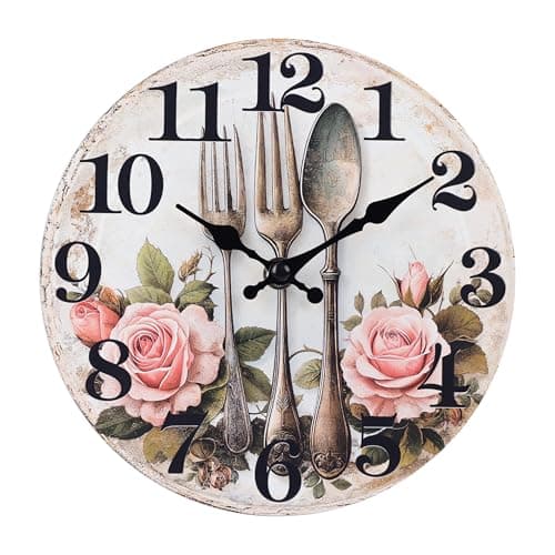 Horizent Kitchen Wall Clock,Wall Clock with Fork&Spoon Vintage Dial Decor for Kitchen Dining Room(8 Inch,Glass)