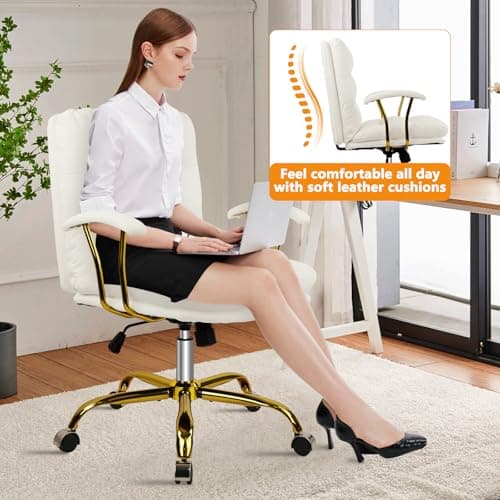 KLASIKA Leather Home Office Desk Chair, Mid-Back Vanity Chair Make Up Chair with Gold Wheels & Removable Armrests, Rolling Swivel Computer Task Chair for Office Bedroom Living Room Girls Women, White 7