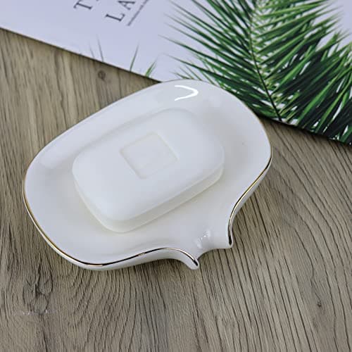 Polyroyal White Soap Dish Ceramic Self Draining Soap Dish Waterfall Slot Gold Edge Bathroom Accessories for Bathroom, Kitchen,Bar Counter 5