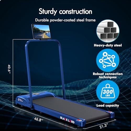BLACK LORD Walking Pad with Handle Bar, 2.7 HP Quiet Foldable Under Desk Treadmill with Bluetooth Speaker, Portable Running Treadmills for Home, LED Display, App/Remote Control, 330lbs Capacity, Blue 9